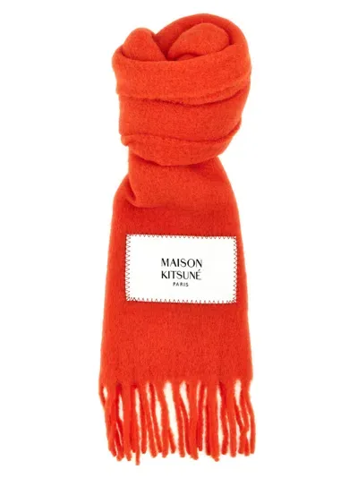 Maison Kitsuné Logo-patch Knit Fringed Scarf In Orange