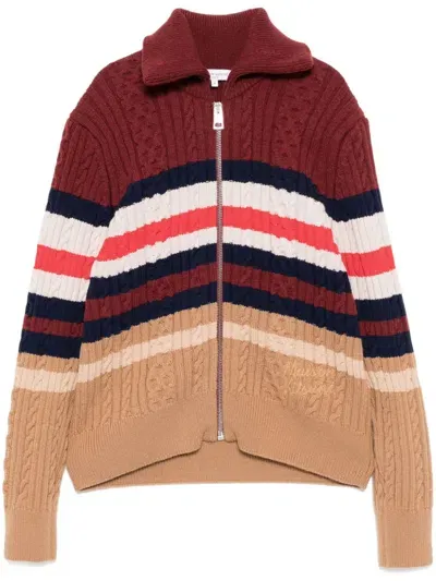 Maison Kitsuné Striped Cable Zipped Cardigan In Red