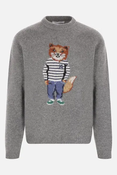 Maison Kitsuné Maison Kitsune' Wool Blend Sweater With Dressed Fox Pattern In Grey