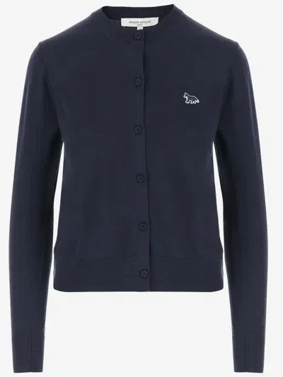 Maison Kitsuné Maison Kitsune' Wool Cardigan With Fox Patch In Blue