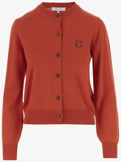 Maison Kitsuné Wool Cardigan With Fox Patch In Red