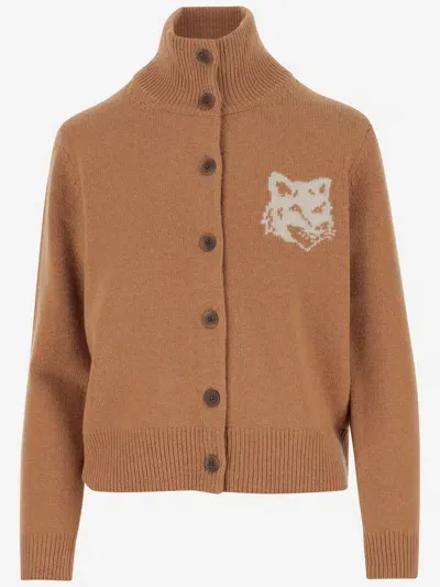 Maison Kitsuné Wool Cardigan With Logo In Brown