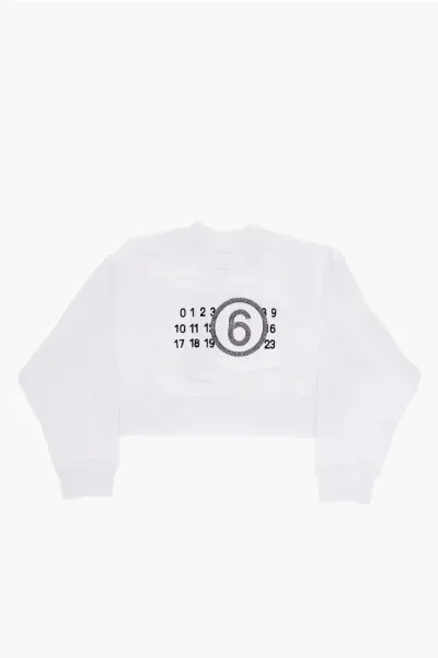 Maison Margiela Mm6 Cropped Crew-neck Sweatshirt With Rhinestone Logo In White