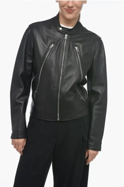 Maison Margiela Mm6 Leather Biker Jacket With Zipped Sleeves In Black