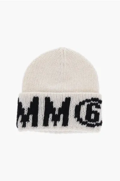 Maison Margiela Mm6 Wool Blend Beanie With Contrasting Logo In Black