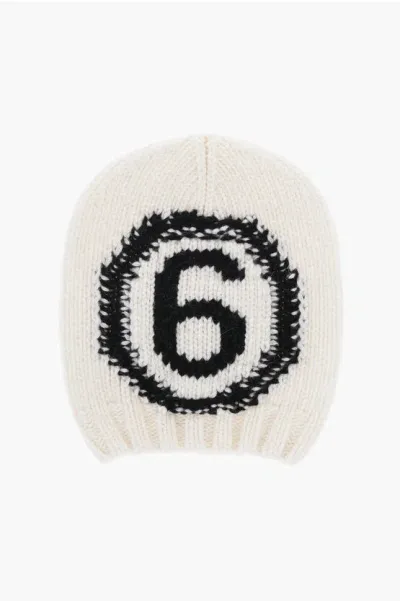 Maison Margiela Mm6 Wool Blend Beanie With Contrasting Logo In Gold