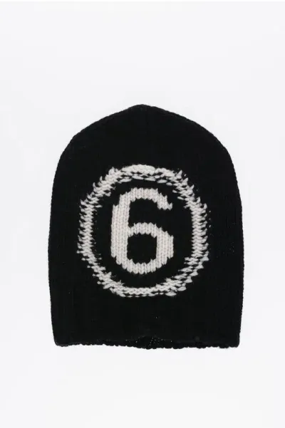 Maison Margiela Mm6 Wool Blend Beanie With Contrasting Logo In Black