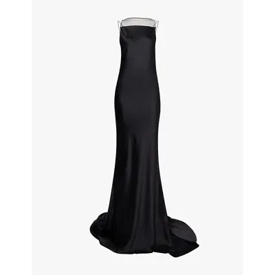 Maison Margiela Fishtail Mesh-panel Open-back Hammered-satin Gown In Black