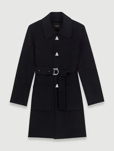 Maje Belted Mid-length Coat In Noir / Gris