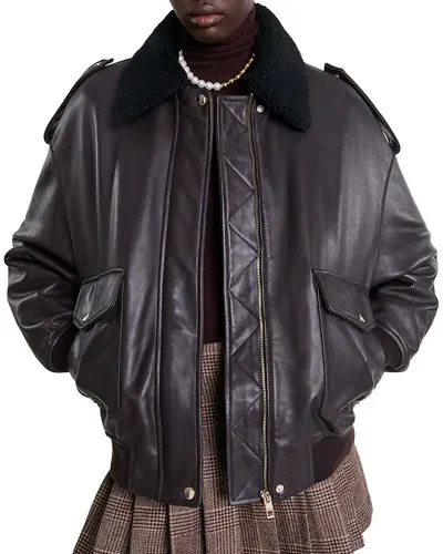 Maje Blastiya Leather Jacket In Brown