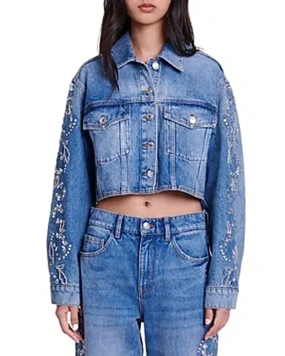 Maje Embellished Denim Jacket In Blue