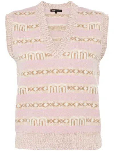 Maje Intarsia-knit-logo Top In Pink