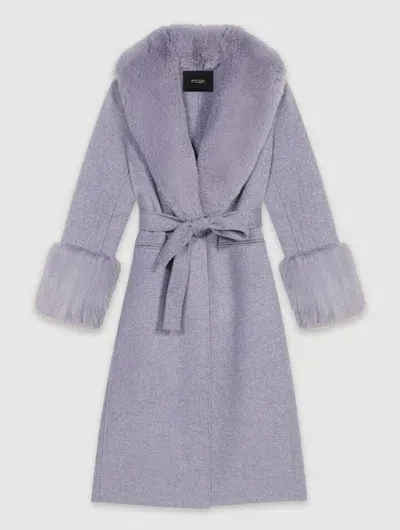 Maje Long Coat With Faux Fur Collar In Purple