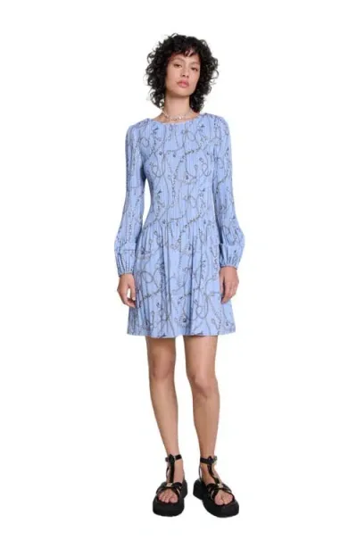 Maje Womens Graphic-print Long-sleeve Pleated Woven Mini Dress Bleus