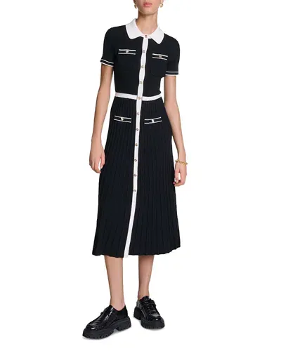 Maje Redouane Knit Shirt Dress In Black / White