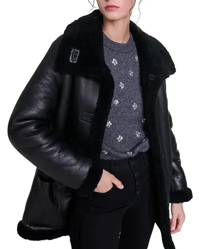 Maje Reversible Shearling Jacket In Black