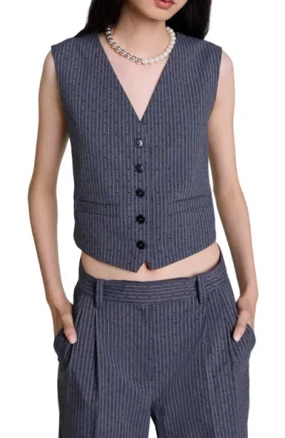 Maje Verny Embellished Striped Vest In Grey Rhinestone Tennis Stripe