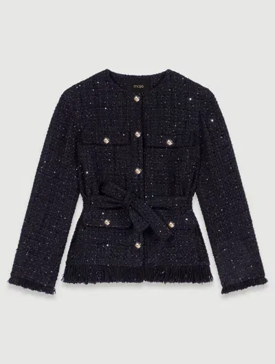 Maje Sequinned Tweed Jacket In Black