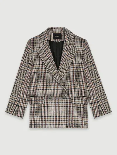 Maje Short Checked Jacket In Brown