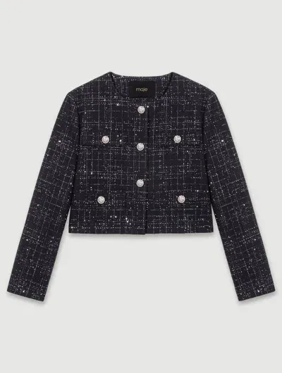 Maje Short Tweed Jacket In Noir