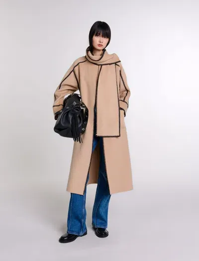 Maje Two-tone Double-faced Coat In Camel/black