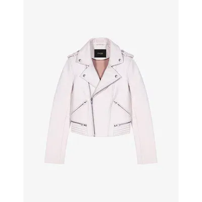 Maje Womens Blanc Biker-collar Slim-fit Cropped Leather Jacket