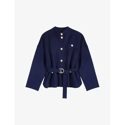 Maje Womens Bleus Belted Round-neck Short Wool Coat In Navy