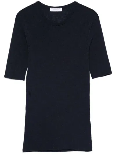 Majestic Navy Blue Merino Wool Fine Ribbed Crew Neck  T-shirt