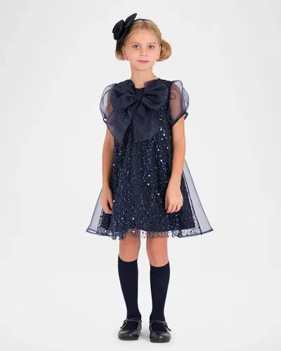 Mama Luma Kids' Girl's Beaded Organza Dress W/ Bow In Navy