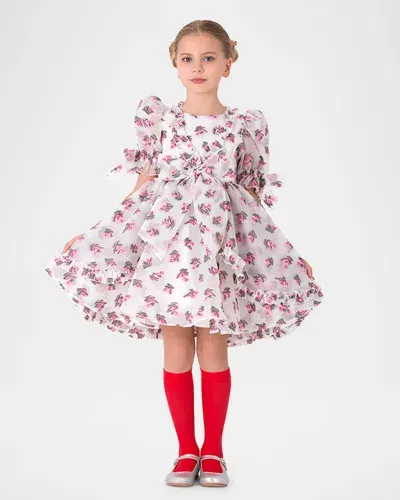 Mama Luma Kids' Girl's Puff Sleeve Floral-print Dress In Ecru