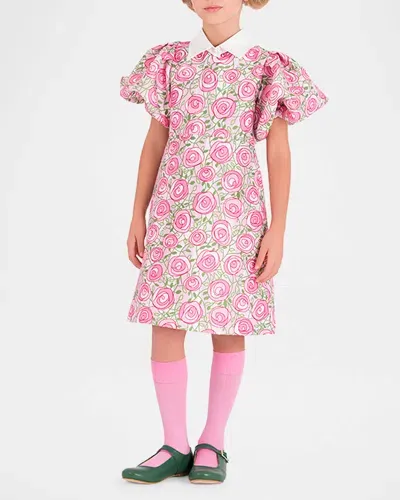 Mama Luma Kids' Girl's Rose-print Balloon Sleeve Dress In Multicolor