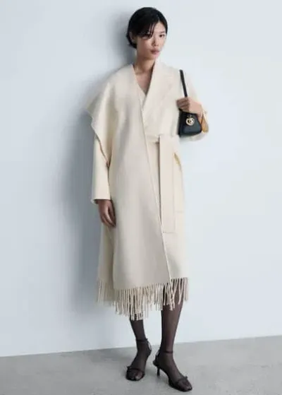 Mango Fringe Wool-blend Coat Ecru