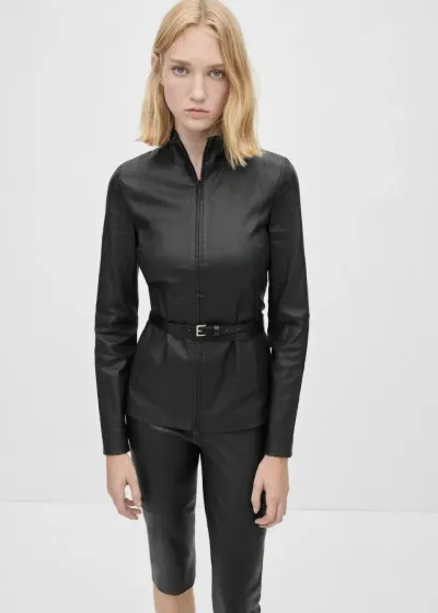 Mango - Veste Ajustée 100 % Cuir Double Fermeture Éclair Noir - M - Femme In Black