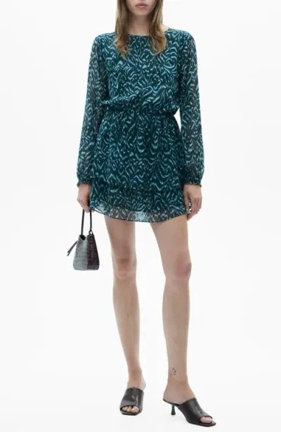 Mango Abstract Print Long Sleeve Chiffon Minidress In Green