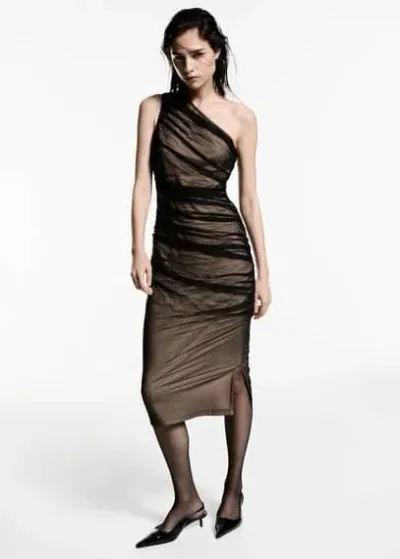 Mango Asymmetrical Mesh Dress Black