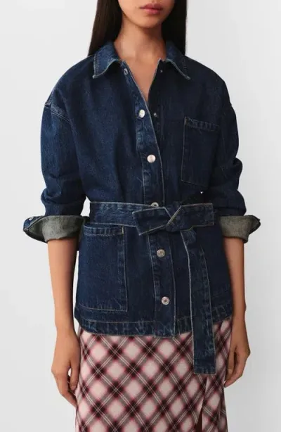 Mango Belted Denim Jacket In Dark Blue