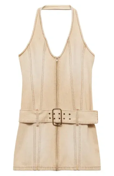 Mango Belted Halter Denim Minidress In Sand