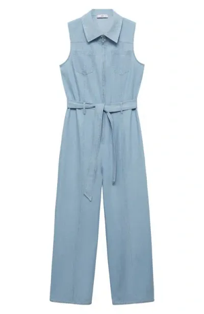 Mango Belted Sleeveless Zip Denim Jumpsuit In Light Blue