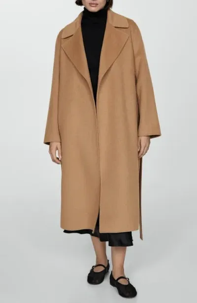 Mango Belted Wool Blend Coat In Medium Brown