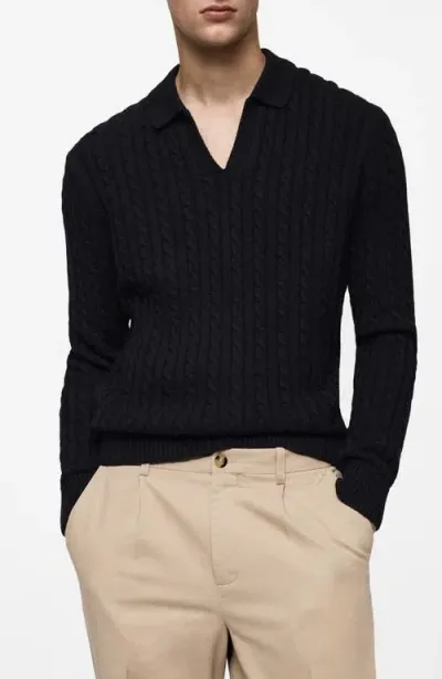 Mango Cable Knit Polo Sweater In Dark Navy