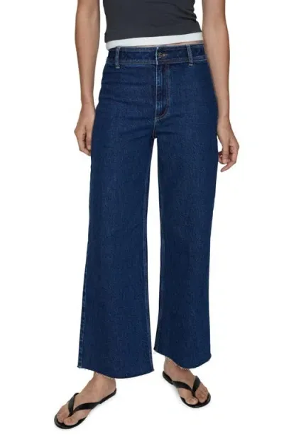 Mango Catherin Raw Hem High Waist Wide Leg Culotte Jeans In Dark Blue