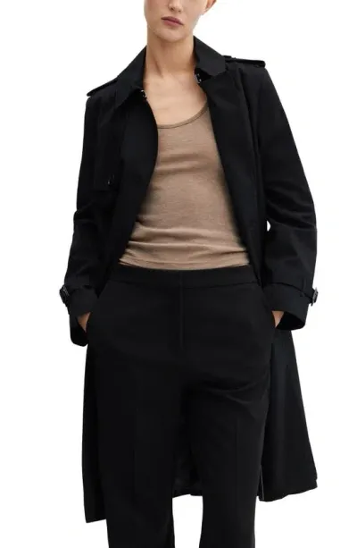 Mango Classic Double Breasted Water Repellent Cotton Trench Coat In Black