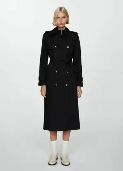 Mango Double-breasted Cotton Trench Coat Black