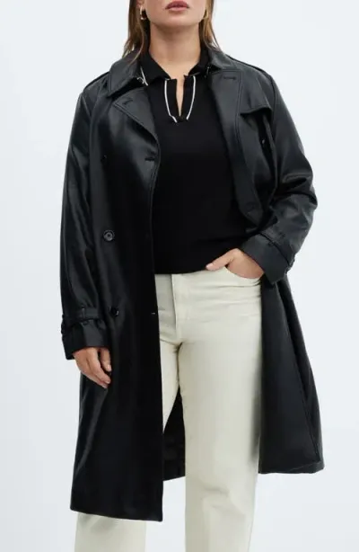 Mango Double Breasted Water Repellent Faux Leather Trench Coat In Black