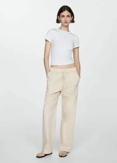 Mango Elastic Waist Cotton Trousers Off White In Blanc Cassé