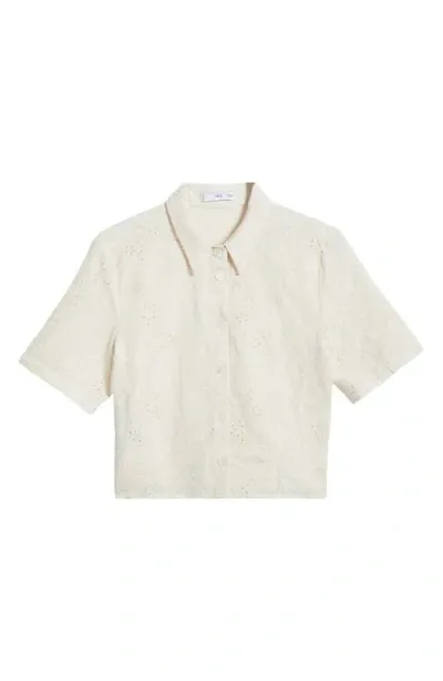 Mango Embroidered Short Sleeve Cotton Eyelet Button-up Shirt In Ecru