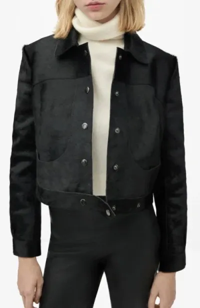 Mango Faux Fur Collar Genuine Calf Hair Jacket In Black