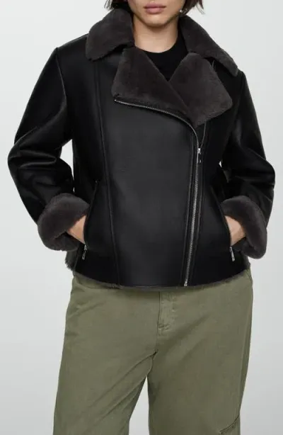 Mango Faux Leather Moto Jacket With Faux Fur Lining In Black