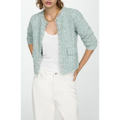 Mango Fringe Trim Tweed Jacket In Aqua Green