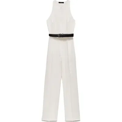 Mango Front Zip Belted Sleeveless Jumpsuit In Off White